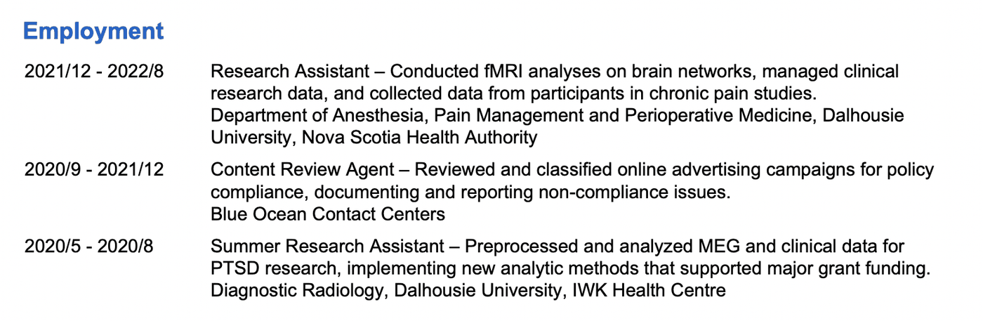 Screenshot of the same Common CV employment entries, each now followed by a one-sentence summary of the work done in the position.