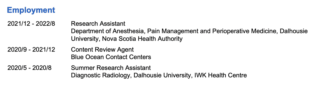Screenshot of a Common CV employment entry listing only dates, job title and organization, with no description.