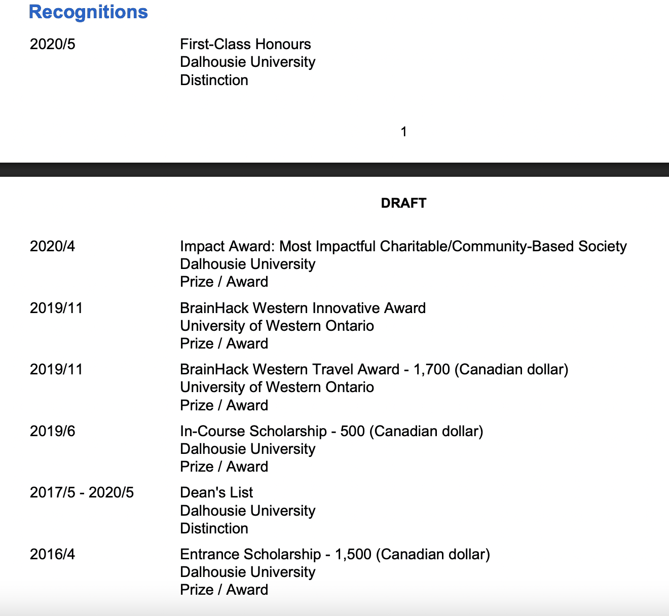 Screenshot of a Recognitions section from a 2022 CGS M application, formatted as a plain list of award names, dates and amounts.