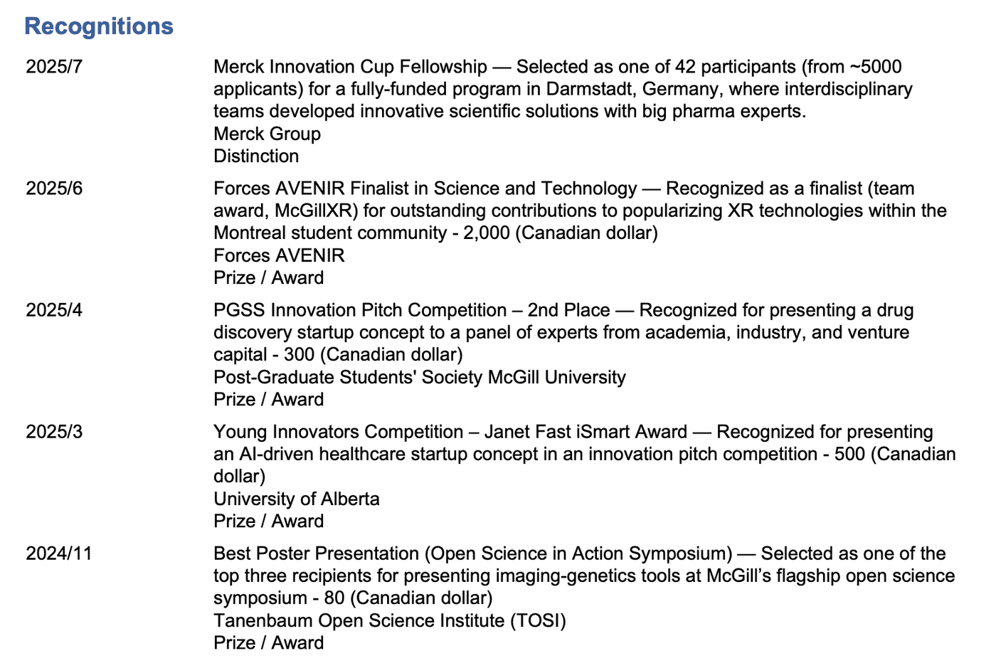 Screenshot of a Recognitions section from a 2025 CGRS D application, where each award is followed by a short description of what it was awarded for.