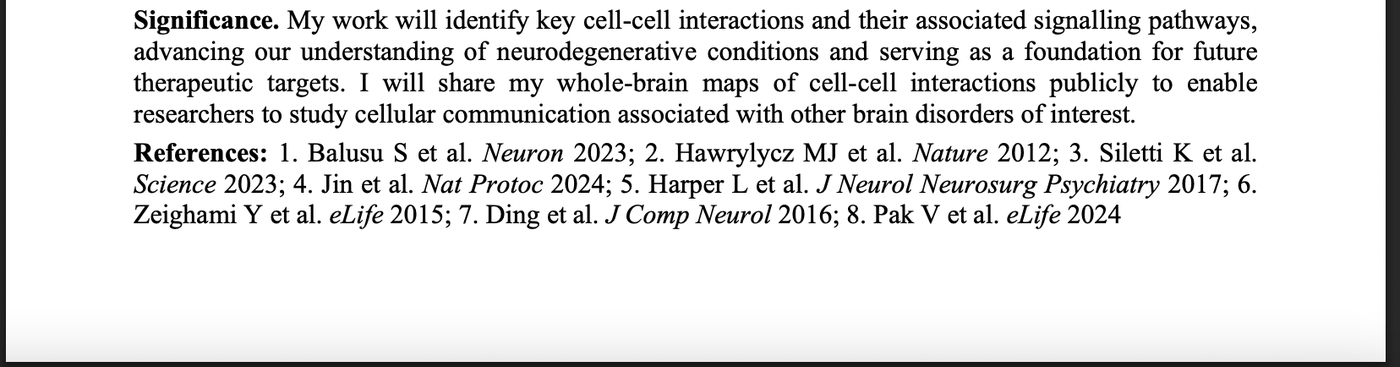 Excerpt from a research project summary showing the Significance paragraph followed by a References section formatted as a single compact paragraph of three lines.